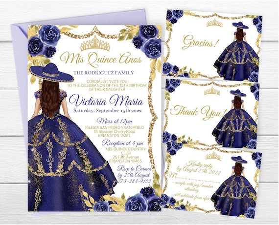 Elegant Blue Dress Quinceanera Invitations With Gold Personalized