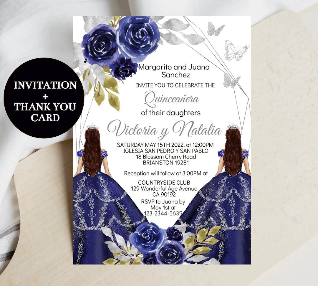 Invitación Gemelos Quinceañera, Charro Azul Azul Marino Plata 15