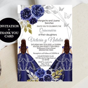 Twins Quinceañera Invitation, Charro Navy Blue Silver 15 Party, Princess DIY Editable Template, Digital Invite Mis XV Quince Años, Download