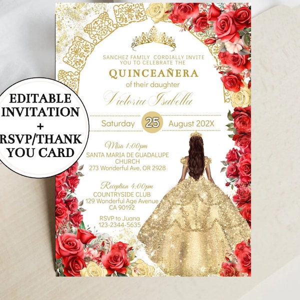 Charro Quinceañera Invitation, Editable Template, Red Roses Champagne Gold Dress Mis XV, Crown, Digital Sweet 16, 15 Card Mexican, Download