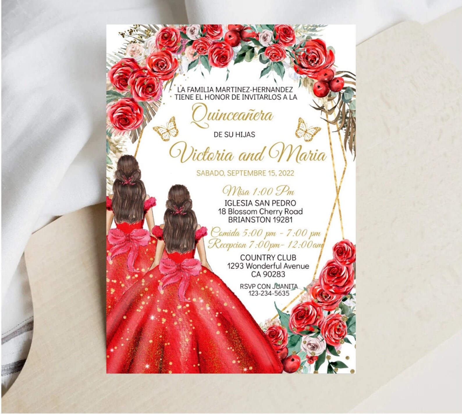 Twins Quinceañera Invitation Red Gold Floral Butterfly Etsy