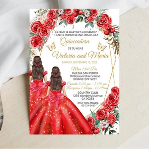 Twins Quinceañera Invitation Red Gold Floral Butterfly Princess, Editable Template, Mis Quince Años Digital Invite, Sweet Sixteen, Download