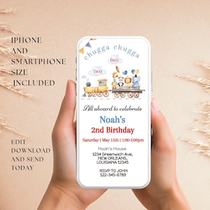 Train 2nd Birthday Electronic Invitation, Chugga Chugga Two Two Invite, Kids Party E-card, Digital DIY Editable Template Mobile Text Message