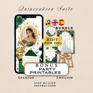 Könnte beinhalten: Ein Quinceañera-Set bestehend aus einem Smartphone mit digitaler Einladung, einem runden Dankeschön-Anhänger, einem Sitzplan auf einer Staffelei und Party-Druckvorlagen. Das Design zeigt dunkelgrüne Blumenmotive, goldene Rahmen und Schleifen.