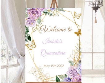 Puede incluir: Bienvenido a la Quinceañera de Isabela, un cartel con temática floral con detalles geométricos dorados y mariposas, con la fecha 15 de mayo de 2022.