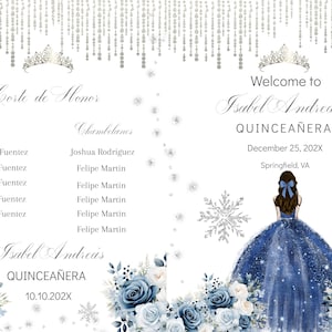 May include: A Quinceañera invitation with a winter theme. The invitation features a silver crown, snowflakes, and a blue dress with white flowers. The text on the invitation reads "Welcome to Isabel Andreas Quinceañera December 25, 202X Springfield, VA".