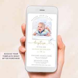 Invito per battesimo con foto, modello modificabile, invito digitale per battesimo con fiocco blu, messaggio di testo elettronico per cellulare, download immediato
