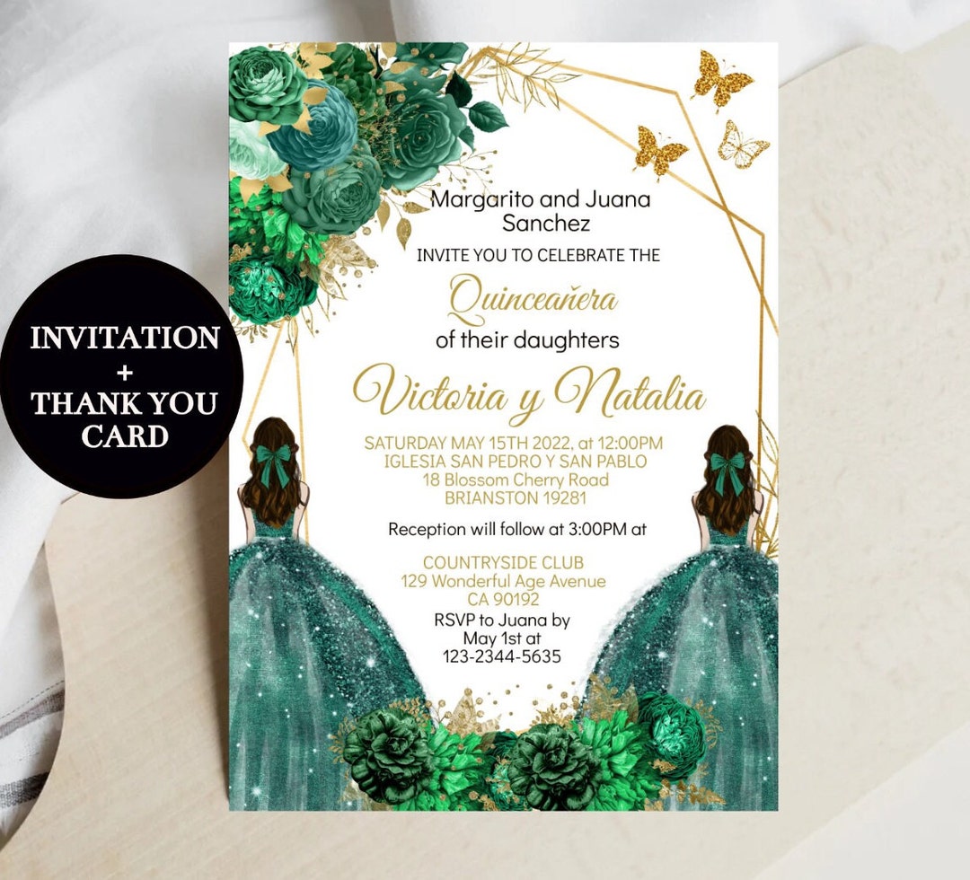 Invitaciones De 15 Años Verde Esmeralda Para Editar Gratis Invitación Gemelos Quinceañera Fiesta Cumpleaños Oro Verde - Etsy España
