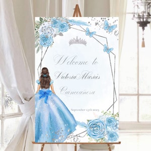 Modelo editável DIY do sinal de boas-vindas da Quinceañera, floral prateado azul bebê, princesa Mis XV, pôster de sinalização para convidados do Sweet 16, para impressão, download