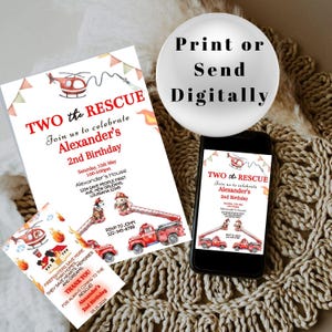 Fire Rescue Invitations Two the Rescue Firetruck 2nd Birthday Party Invitation, Editable ...
