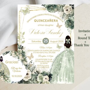 Invitación Editable para Quinceañera Flores Verde Salvia Oro, Plantilla Imprimible, 15 Cumpleaños, Tarjeta Digital Mariposa, Dulces Dieciséis 16, Descargar