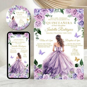 May include: A Quinceañera invitation suite featuring a watercolor illustration of a young woman in a lavender gown. The suite includes a round sticker, a smartphone mockup, and a formal invitation with floral accents and event details.