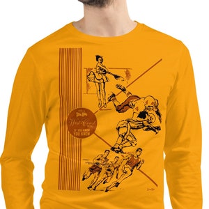 May include: A yellow long-sleeve t-shirt with a vintage illustration of athletes playing different sports. The illustration is in brown and black and includes the text "It's a West Coast Thing If You Know You Know".