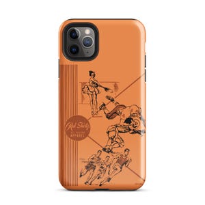 Puede incluir: Funda de teléfono naranja con ilustraciones vintage de atletas en acción. Incluye un jugador de fútbol americano, corredores y una mujer con un bastón. También se muestra el texto "Red Shirty All Season Apparel".
