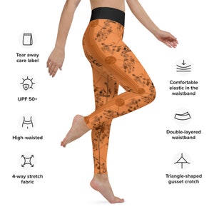 May include: Orange leggings with a floral pattern. The leggings have a high waistband, a double-layered waistband, and a triangle-shaped gusset crotch. The leggings are made of 4-way stretch fabric and have a tear-away care label. The leggings also have a UPF 50+ rating.