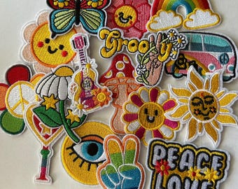 Hippie Iron On Patches, Embroidered Appliques, Bohemian Peace Van, Groovy, Sun, Love, Flower, For Clothing, Vests, Backpacks, DIY, Crafts