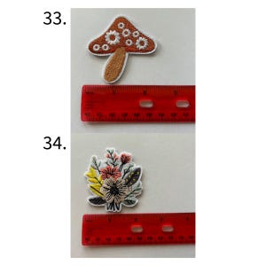 May include: Two embroidered patches: a mushroom with white daisy-like flowers and a bouquet of flowers in shades of pink, yellow, and green. The mushroom patch is approximately 2 inches tall. The flower bouquet patch is approximately 2 inches wide.
