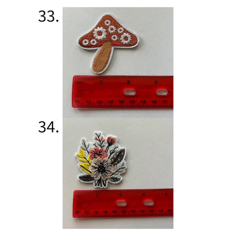 May include: Two embroidered patches: a mushroom with white daisy-like flowers and a bouquet of flowers in shades of pink, yellow, and green. The mushroom patch is approximately 2 inches tall. The flower bouquet patch is approximately 2 inches wide.