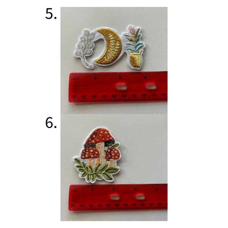 May include: Embroidered patches featuring celestial and botanical designs. One patch shows a crescent moon and sprig, another a potted plant. A third patch depicts a mushroom with red and white spots. A ruler is included for size reference.