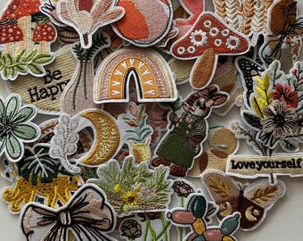 Boho Patches, Iron On Patch, Vintage Aesthetic, Bohemian, Hippie, Bunny Rabbit, Mushroom, Nature, Plant Lover, Flowers, Heart, Embroidered