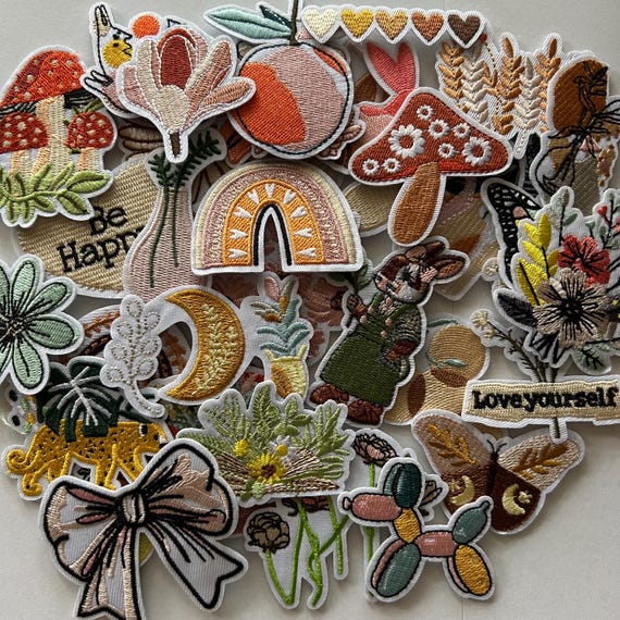 Boho Patches, Iron On Patch, Vintage Aesthetic, Bohemian, Hippie, Bunny Rabbit, Mushroom, Nature, Plant Lover, Flowers, Heart, Embroidered