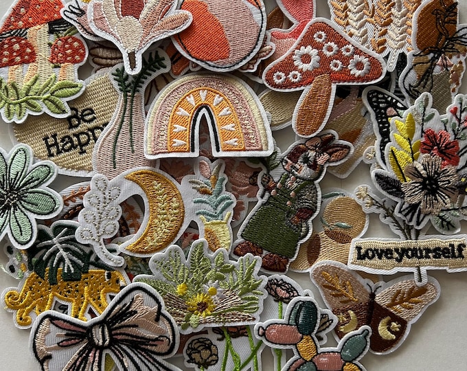 Boho Patches, Iron On Patch, Vintage Aesthetic, Bohemian, Hippie, Bunny Rabbit, Mushroom, Nature, Plant Lover, Flowers, Heart, Embroidered