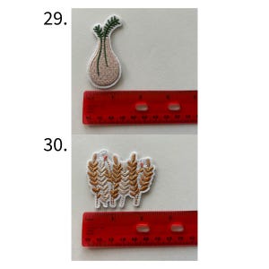 May include: Two embroidered patches. The top patch is a beige vase shape with green leaves. The bottom patch is a cluster of wheat stalks in shades of brown and white. A red ruler is next to each patch.
