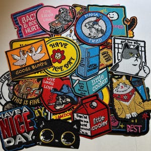 May include: A collection of embroidered patches with various designs and text. Patches include phrases like "Goose Bumps," "Have a Nice Day," and "Live Laugh Love." Designs feature a cat, a cowboy, a skull, and a refrigerator. The patches are in various shapes and colors.