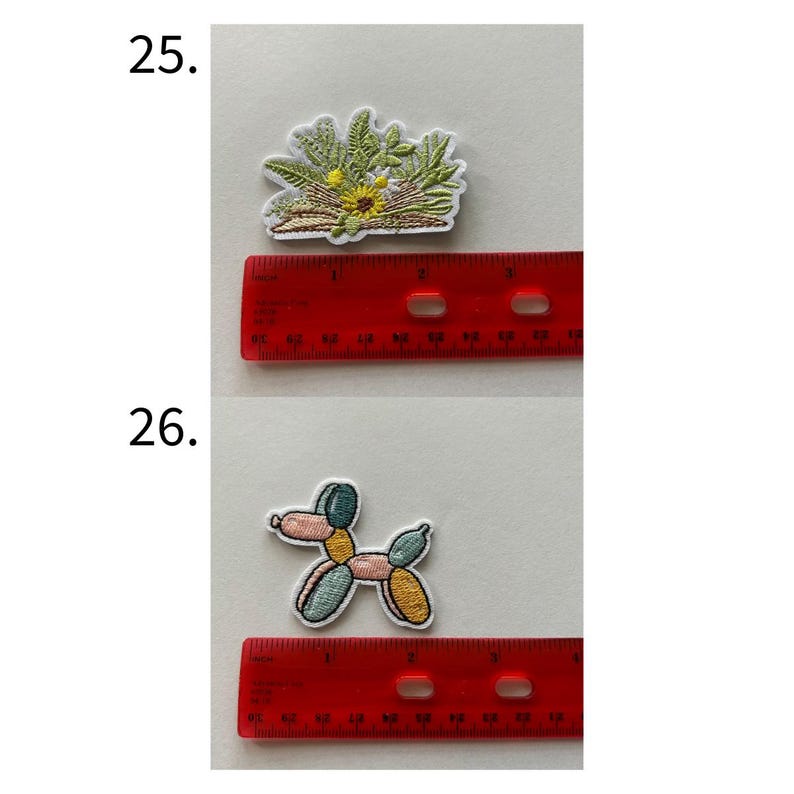 May include: Embroidered patches featuring a floral design with yellow and green hues, and a balloon dog in pastel colors. The patches are approximately 2 inches in length.
