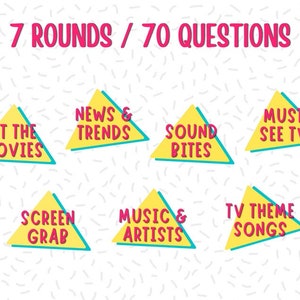 May include: A colorful graphic with the text "7 ROUNDS / 70 QUESTIONS" at the top.  There are six yellow triangles with blue outlines and pink text. The triangles are labeled "At the Movies", "News & Trends", "Sound Bites", "Must See TV", "Screen Grab", "Music & Artists", and "TV Theme Songs".