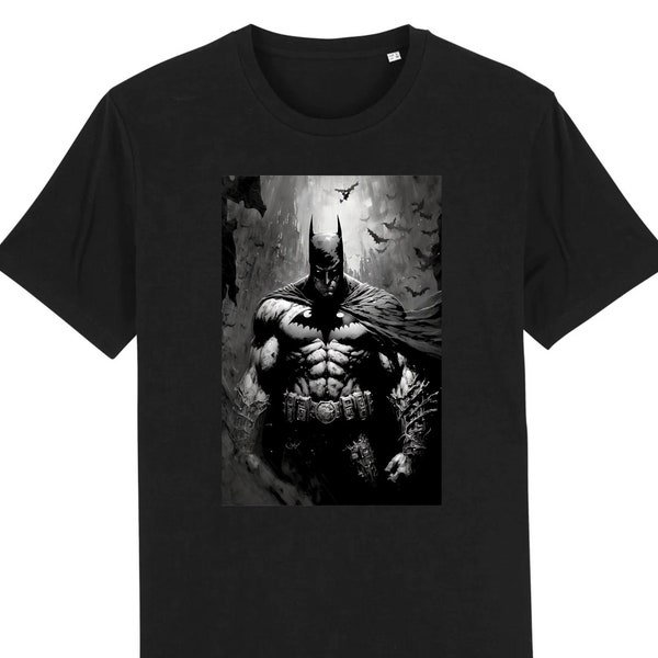 Fanart batman, il cavaliere oscuro, t-shirt biologica di alta qualità, dc comics, t-shirt unisex 100% cotone organico
