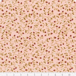 Könnte beinhalten: Ein rosa Stoff mit einem sich wiederholenden Muster aus braunen Ranken mit kleinen roten Beeren und weißen Blüten.