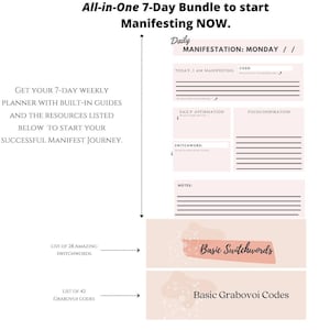 Op de afbeelding: Een printbare 7-daagse manifestatieplanner met een roze en witte kleurstelling. De planner bevat secties voor dagelijkse affirmaties, sleutelwoorden, focus en inspiratie, en notities. De tekst "Dagelijkse manifestatie: Maandag" staat bovenaan de pagina. De tekst "Basis sleutelwoorden" en "Basis Grabovoi-codes" staat onderaan de pagina.