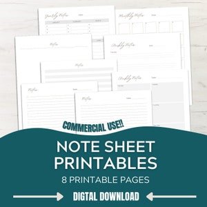 Commercial Use! Note Sheet Printables. 8 Instant Note Sheets. Digital Download, PDF, prelined paper for note taking or journaling.