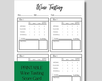 May include: Printable wine tasting score card with four sections for rating wine aroma, flavor, finish, and overall. Each section has a scale of 1 to 4. The card is designed for easy printing on an 8.5 x 11 inch sheet.