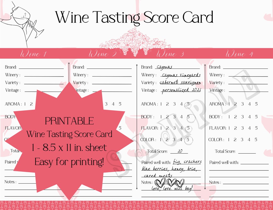 Wine Tasting Score Card (pink) - Etsy