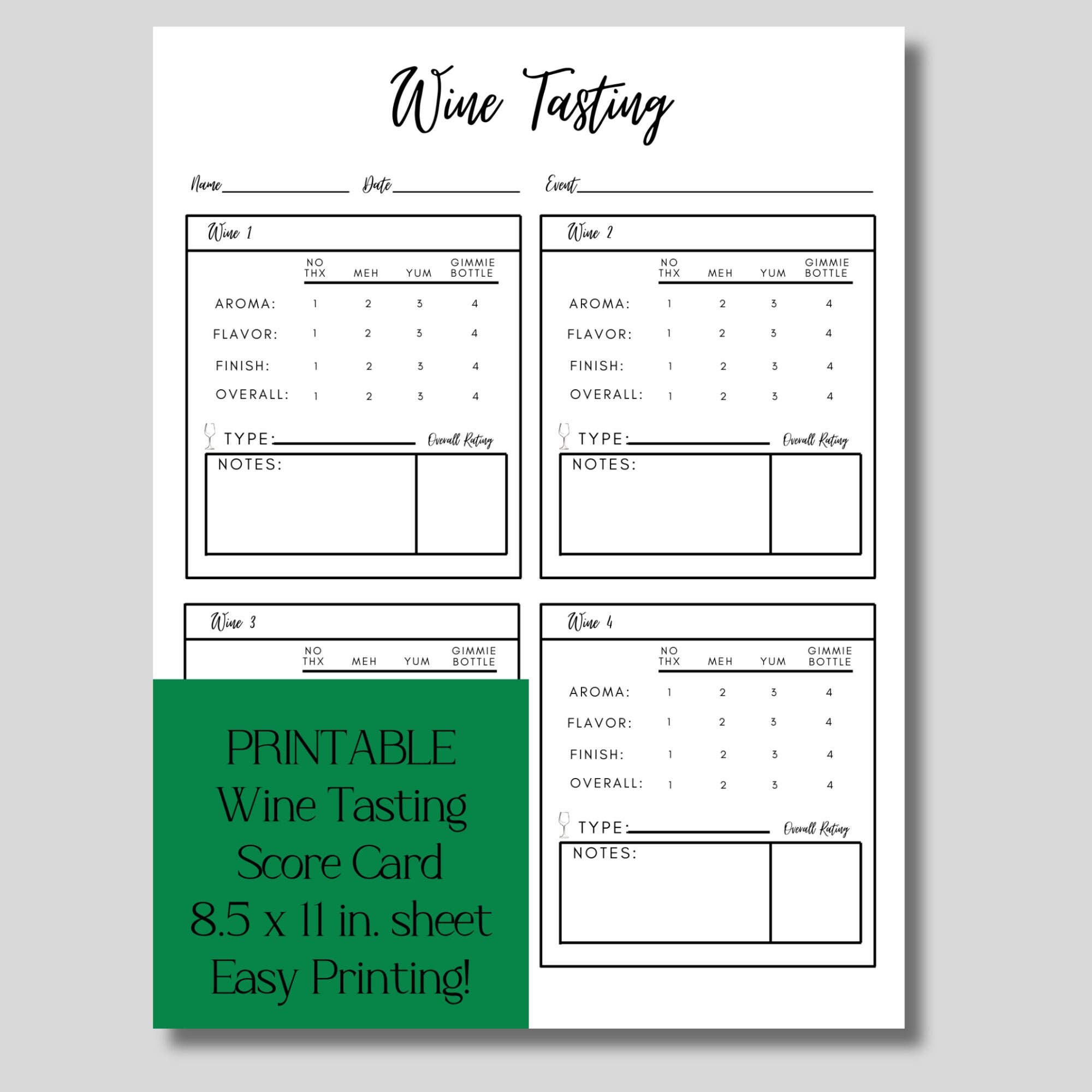 Wine Tasting Score Card (up to 4 Wines) for Wine Party, Wine Tasting ...