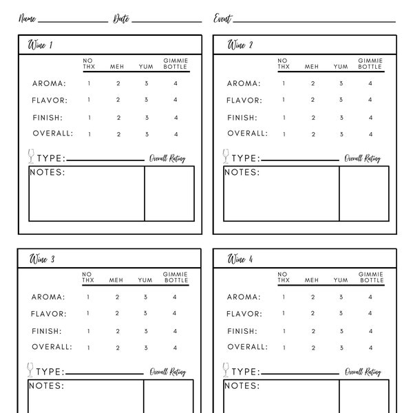 Wine Tasting Score Card (Up to 8 Wines)