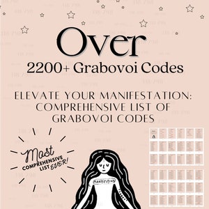 May include: A pink background with black text and a black and white illustration of a person meditating. The text reads "Over 2200+ Grabovoi Codes", "Elevate Your Manifestation: Comprehensive List of Grabovoi Codes", "Most Comprehensive List Ever!" and "44 Pages Full of Codes".