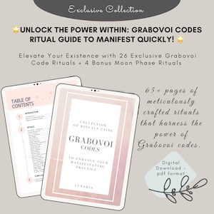 May include: A pink and white digital download cover for a guide to manifesting using Grabovoi codes. The cover features the title "Collection of Rituals Using Grabovoi Codes" and the text "To Enhance Your Manifesting Practice". The cover also includes a table of contents with a list of rituals, including "Attracting Abundance", "Emotional Release", and "Crystal Grids".