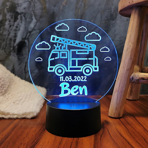 Personalized christening gift fire department night lamp birthday gift baby gift birth boy, children's room, night light, parent gift