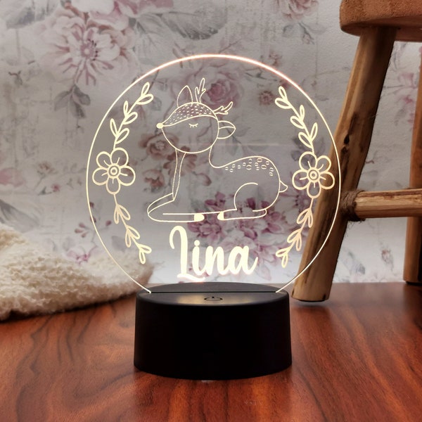 Personalisierte Nachtlampe Reh Mädchen , Taufgeschenk, Kinderzimmer, Geburtstagsgeschenk, Nachttischlampe, Geburt Geschenk Mädchen , Rehkitz