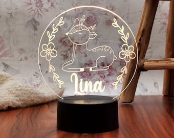 Personalized Night Lamp Deer Girl, Christening Gift, Children's Room, Birthday Gift, Bedside Lamp, Birth Gift Girl, Fawn