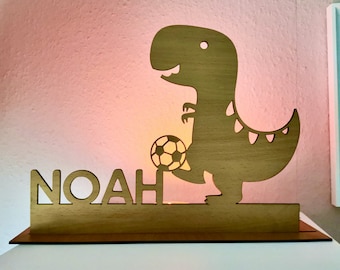 Placa de nombre Dino fabricada en madera con LED