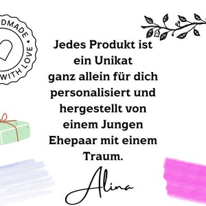 May include: A black and white illustration of a heart with a stamp that says "100% Handmade Made with Love". The text below the stamp reads "Jedes Produkt ist ein Unikat ganz allein f&uuml;r dich personalisiert und hergestellt von einem Jungen Ehepaar mit einem Traum. Alina".