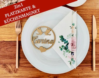 Magnetische Platzkarten Hochzeit Tischnamen mit Herz & Tauben Laserschnitt aus Holz Gastgeschenk Hochzeit personalisierte Namen namensschild