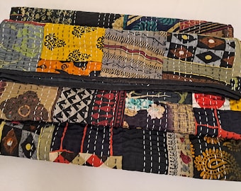 Boho Patchwork Kantha Quilt, Vintage Silk Cotton Bedding Throw, Queen Size Indian Blanket