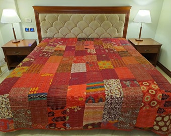 Handmade Kantha Quilt: Vintage Silk Patchwork, Boho King Size Bedspread