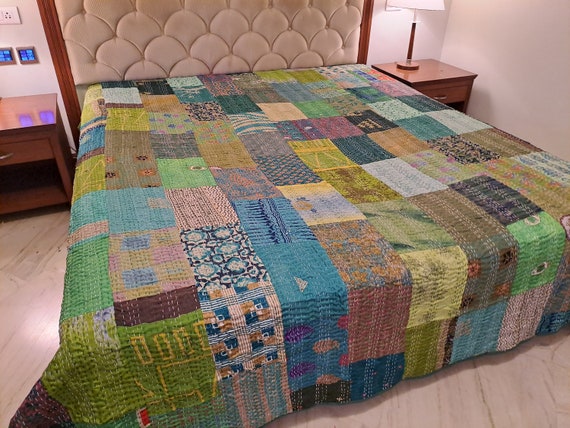 Vintage Silk Sari Patchwork Kantha Quilt Handmade Silk Kantha Blanket Queen  Size Kantha Bedspread Bedding Kantha Throw