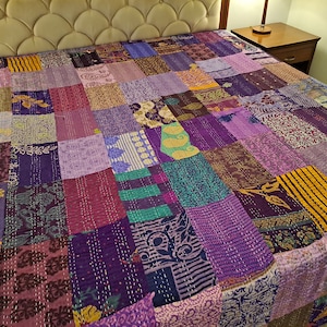 Indian Silk Kantha Quilts Queen Patchwork Bedspread Throw Bedding Comforter Hand Quilted Silk Blanket Throw